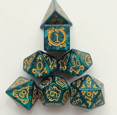 Set Dice Gas Light Verde Negro Numero Dorado (Set 7 dice)