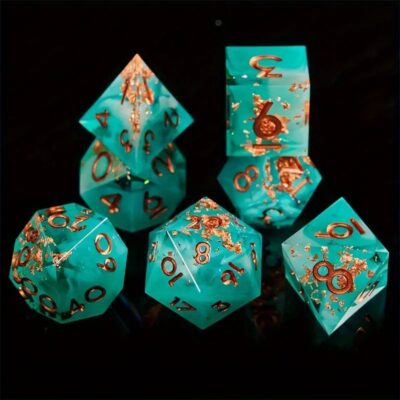 Set Dice Resina Celeste Agua con Incrustaciones de Cobre (Set 7 dice)